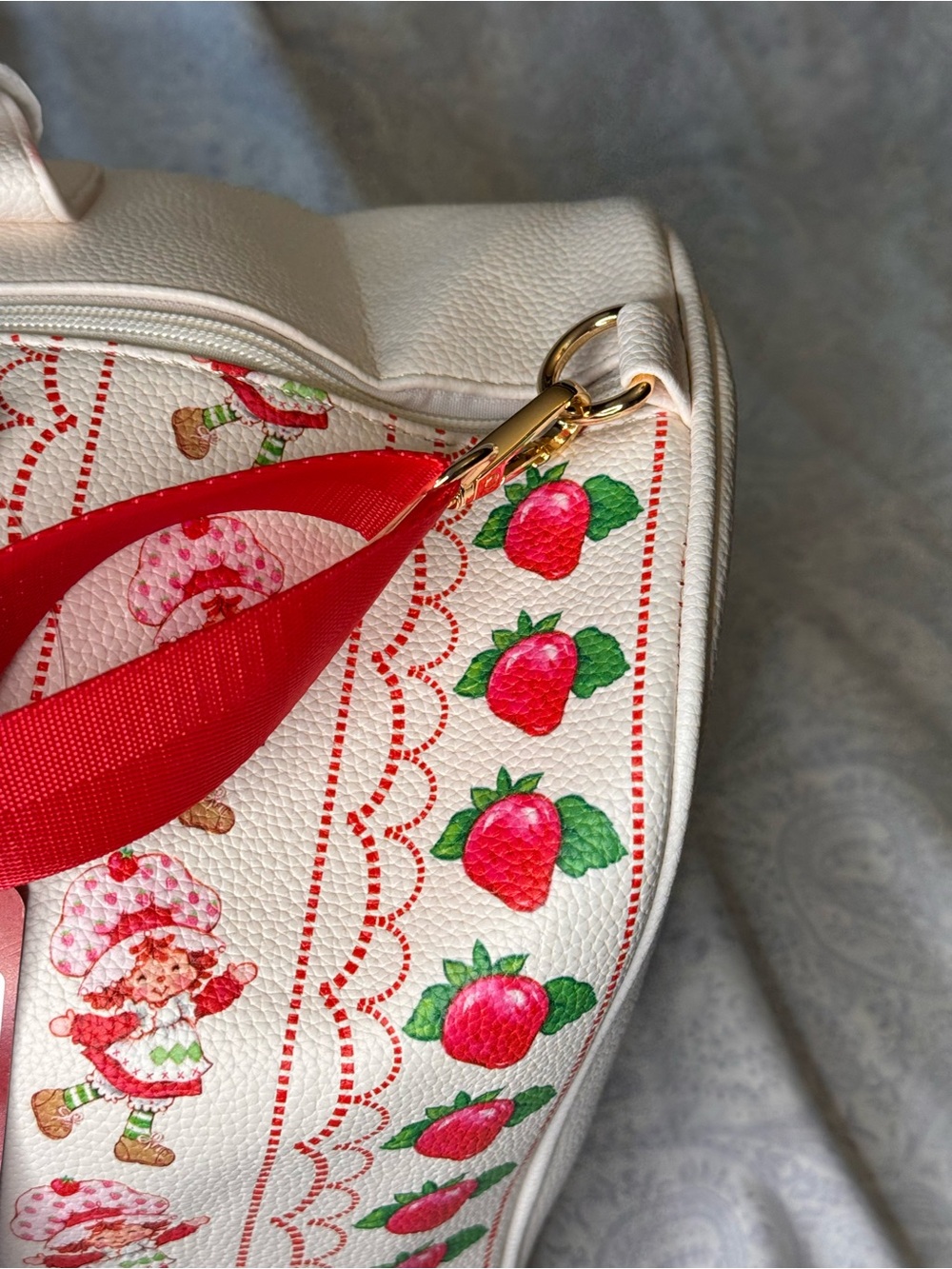 Strawberry Shortcake Pebbled Faux Leather Embroidered Red & Cream Large Duffle - Picture 11 of 14